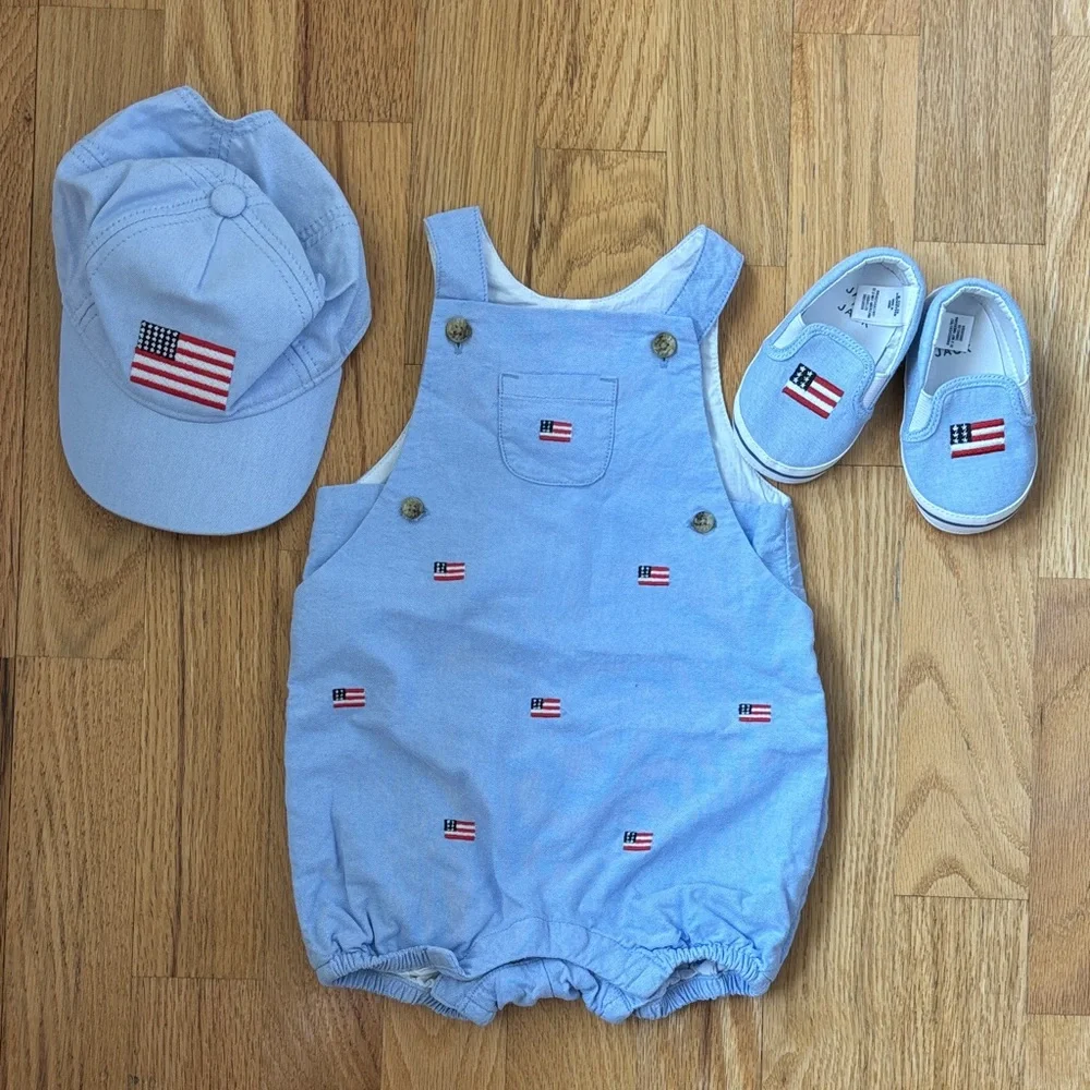 Janie and Jack Light Blue Infant Overalls, Shoes, Hat - Picture 1 of 10